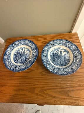 Vintage Set of 2 Liberty Blue Dinner 8.5" Rimmed Soup Bowls Old North Church